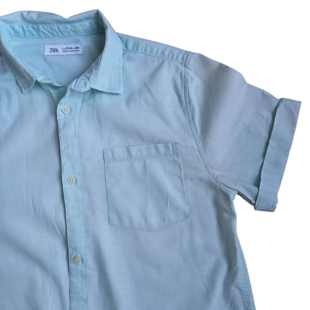 ZARA Boys Light Blue Button Down Shirt Size 13-14 (164 cm) Short Sleeve - Picture 4 of 7